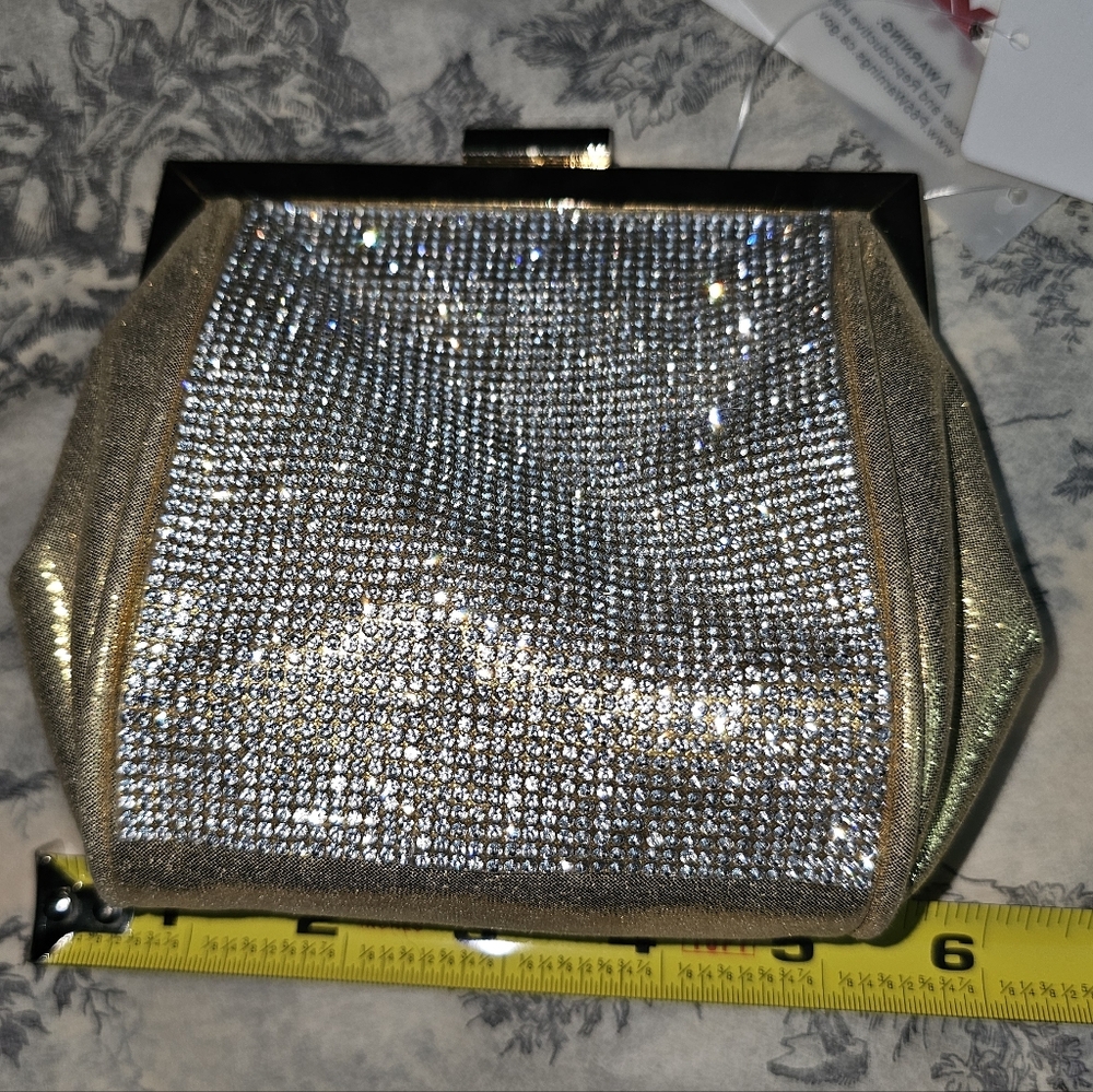 NWT Gold Rhinestone Evening Clutch Black Frame Chain Strap Sparkly Prom Wedding